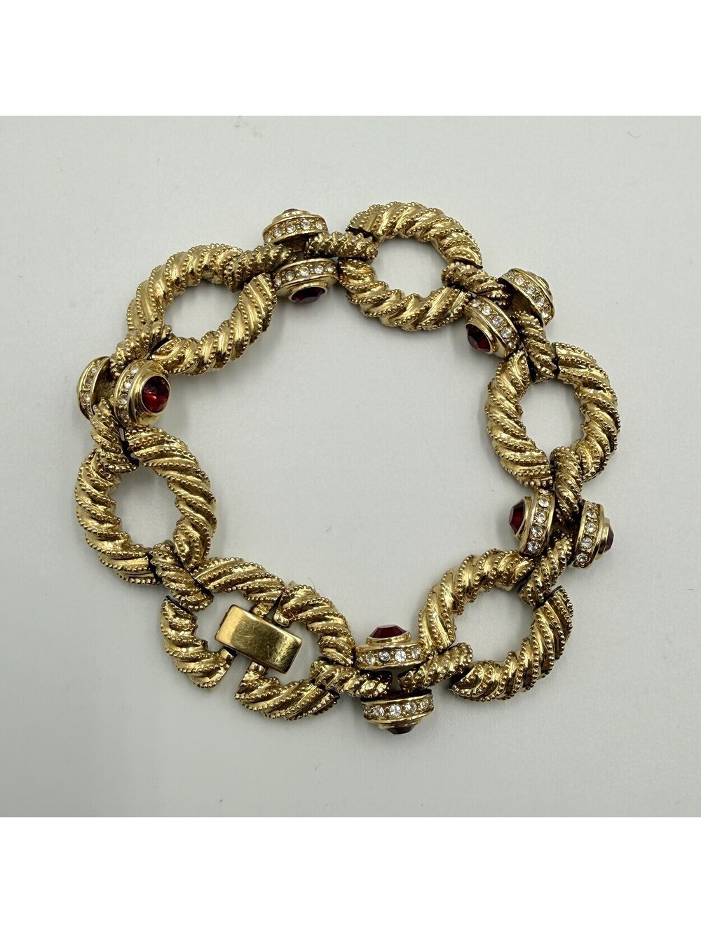 Vintage JBK Camrose & Cross Red White Crystal Rope Link Chain Bracelet Gold Tone